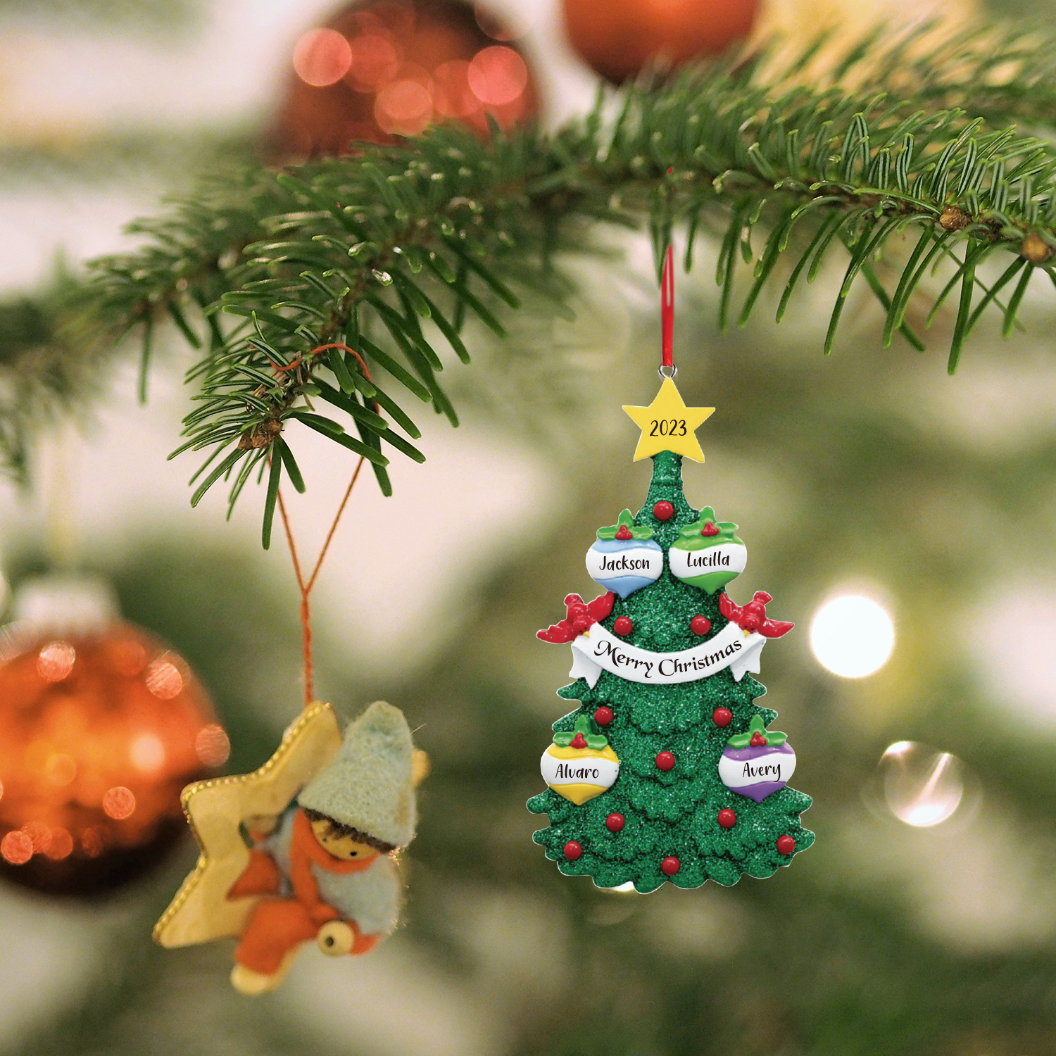 4 Names - Personalised Christmas Tree Ornaments Custom Text & Year Wooden Christmas Pendant Gifts for Family Friends