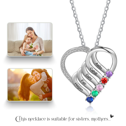 Personalised Heart Necklace With 5 Birthstones Engraved Names Gift For Her-Jessemade AU