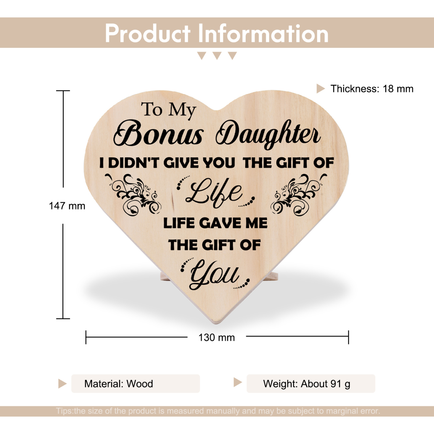 To My Bonus Daughter Life Gave Me The Gift Of You Wooden Heart Keepsake Desktop Ornament-Jessemade AU