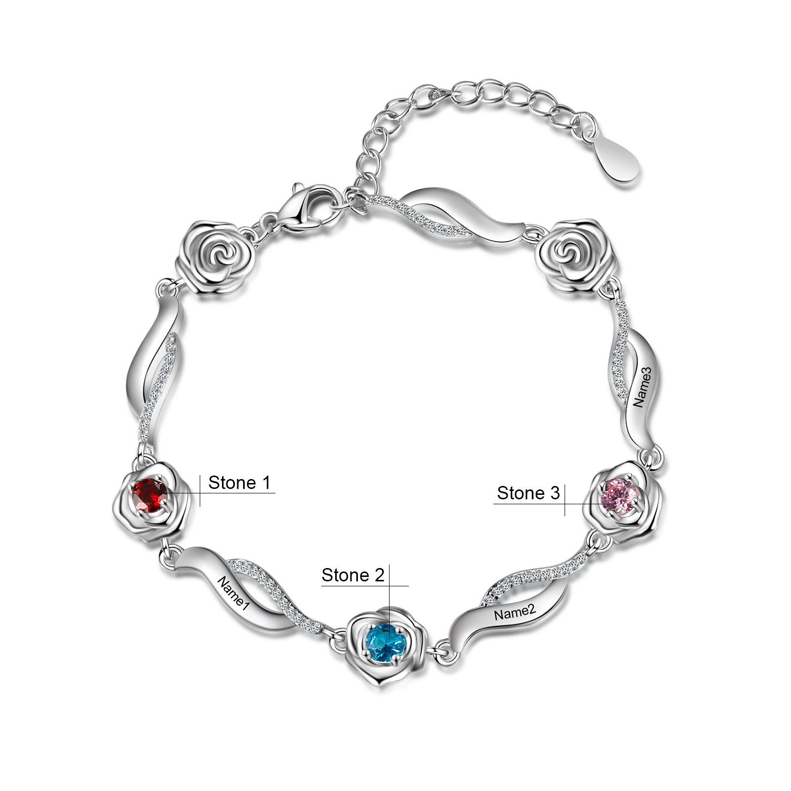 Personalised Rose Bracelet With 3 Birthstones Custom Names Bracelet Gift For Women-Jessemade AU
