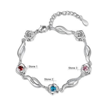 Personalised Rose Bracelet With 3 Birthstones Custom Names Bracelet Gift For Women-Jessemade AU