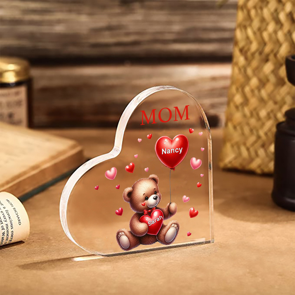 2 Names - Personalised Acrylic Heart Keepsake Custom Text Teddy Bear Balloon Ornaments Gifts for Grandma/Mother-Jessemade AU