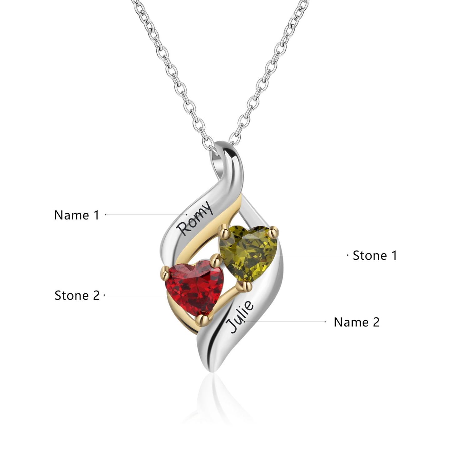 Personalised S925 Necklace With 2 Heart Birthstones Engraved Names Gift For Her-Jessemade AU