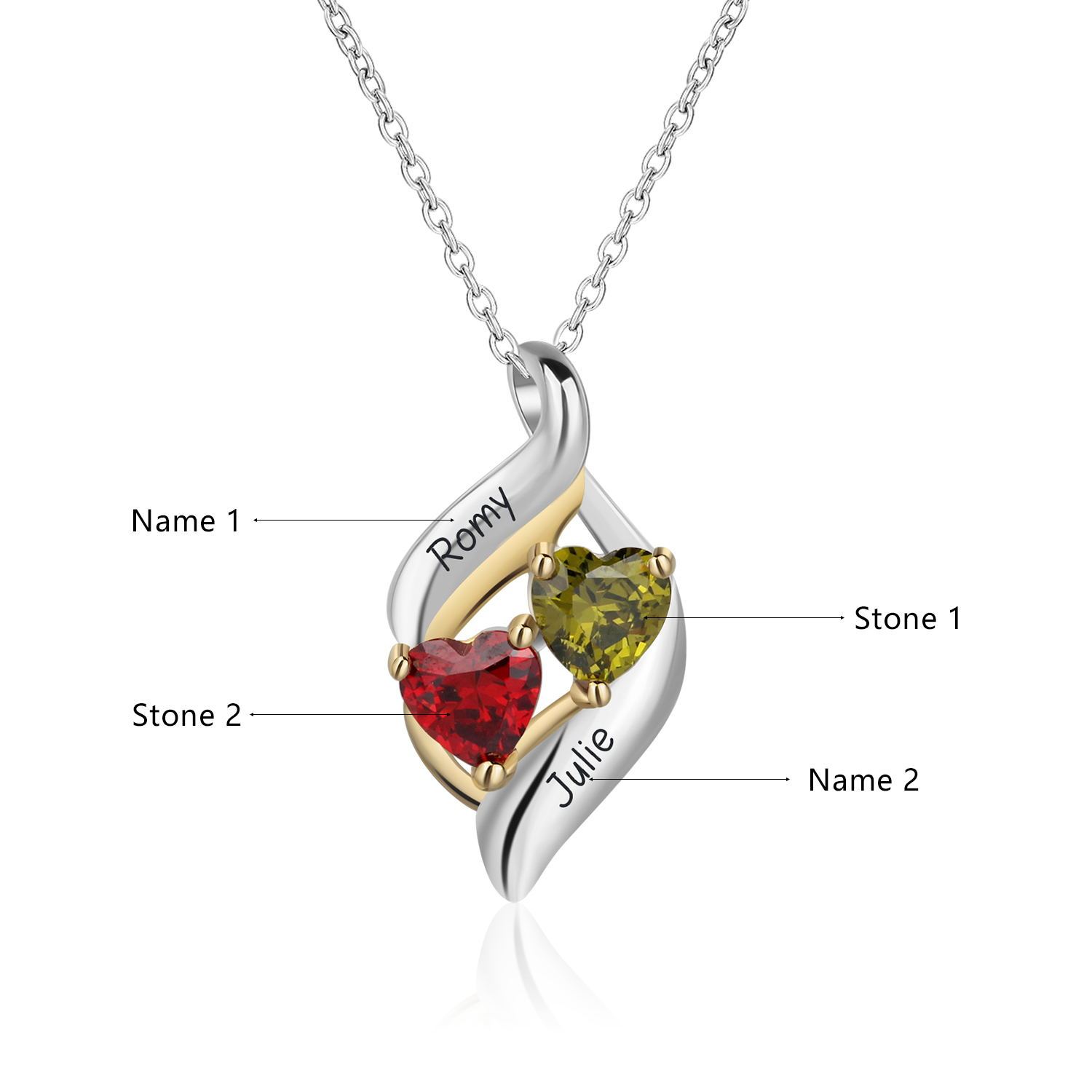 Personalised S925 Necklace With 2 Heart Birthstones Engraved Names Gift For Her-Jessemade AU