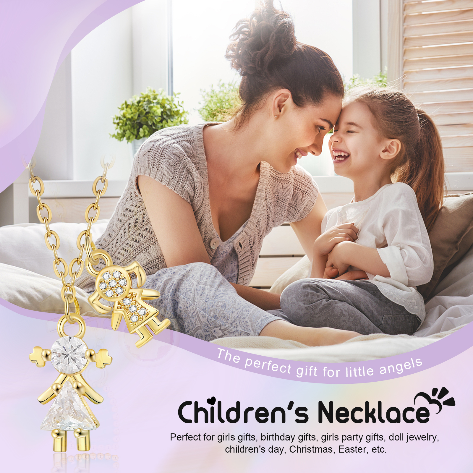 Gold Necklace with Two Adorable Doll Zircon Charms for Kids-Jessemade AU