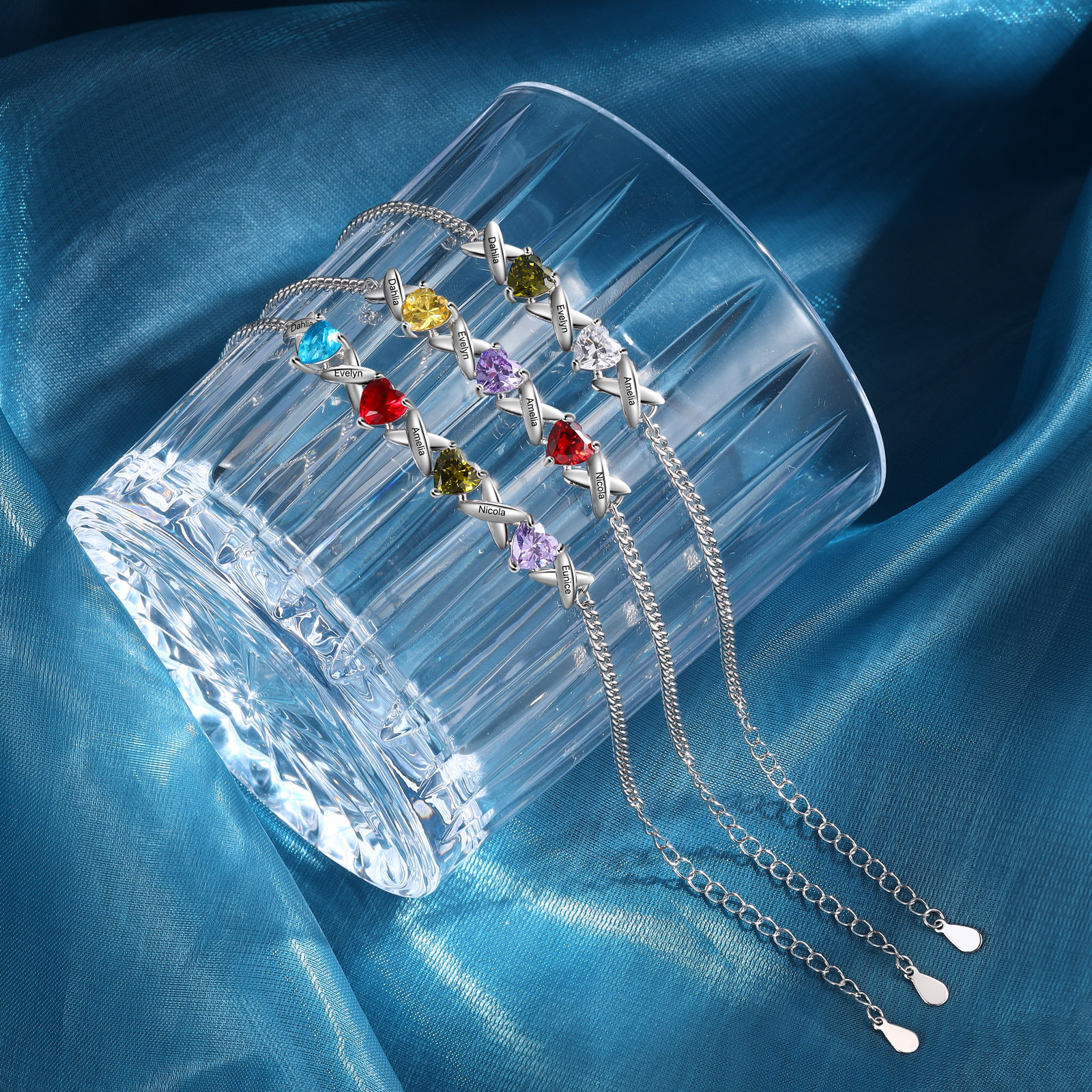 Custom 2 Birthstones Bracelet Engraved 3 Names Bracelet Personalised Birthday Gift for Her-Jessemade AU