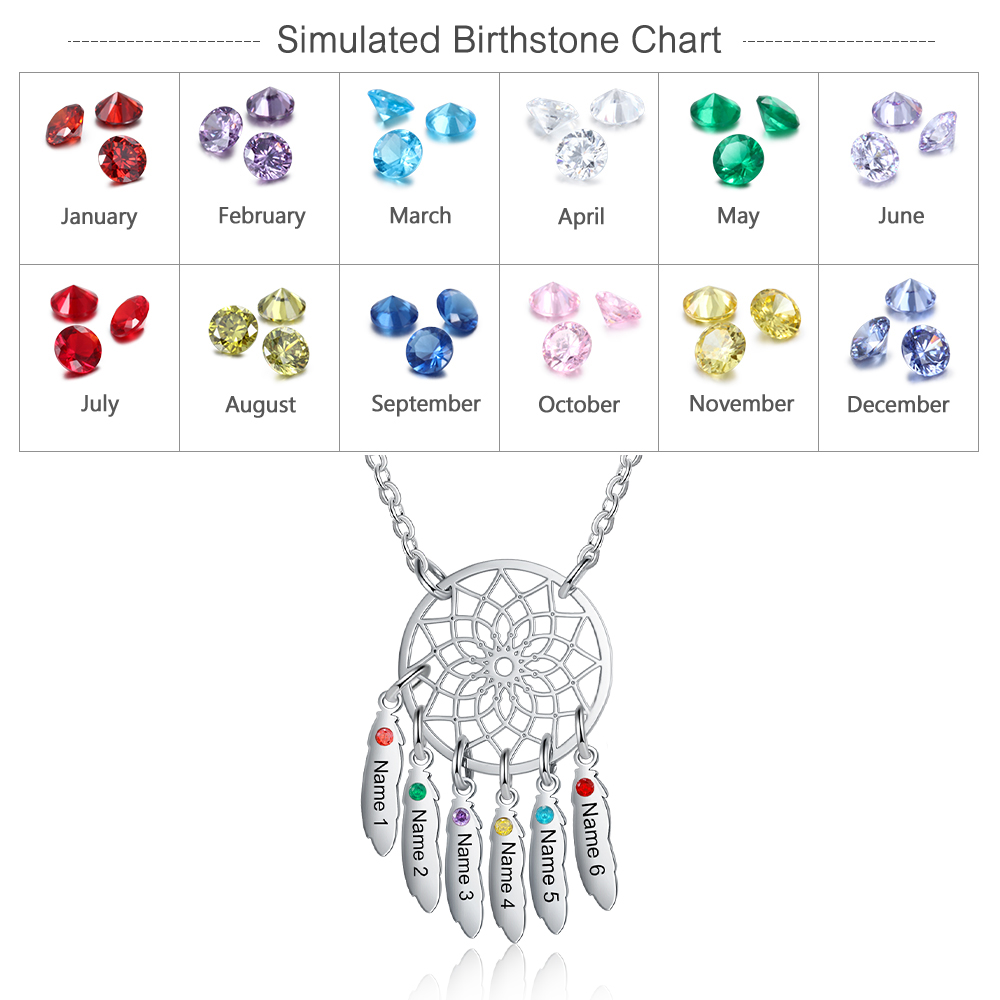 Personalised Dream Catcher Necklace With 6 Birthstones Engraved Names Gift For Women-Jessemade AU