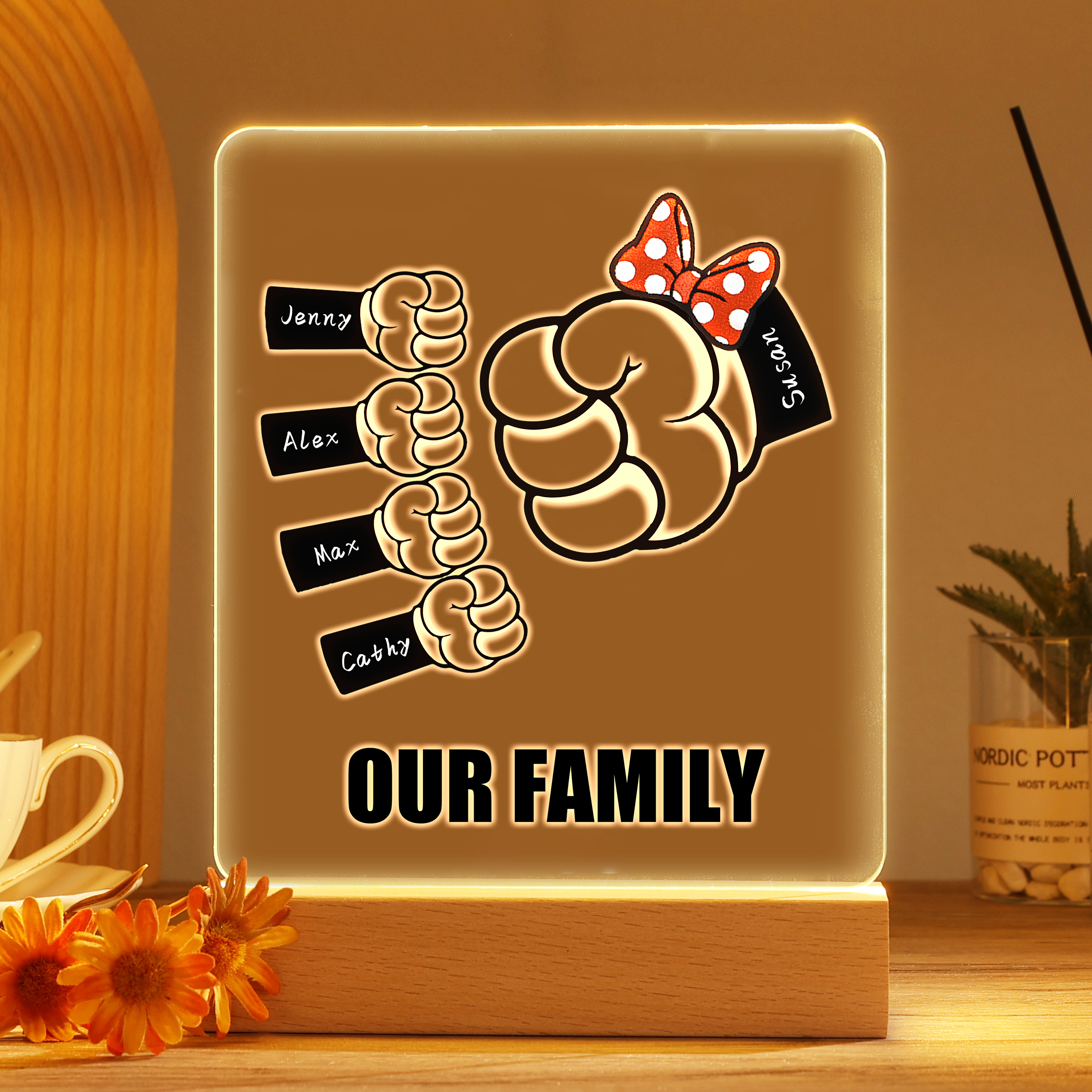 5 Names - Personalised Acrylic Night Light Custom Names & Text Fist Bump LED Lamp Gifts for Family-Jessemade AU