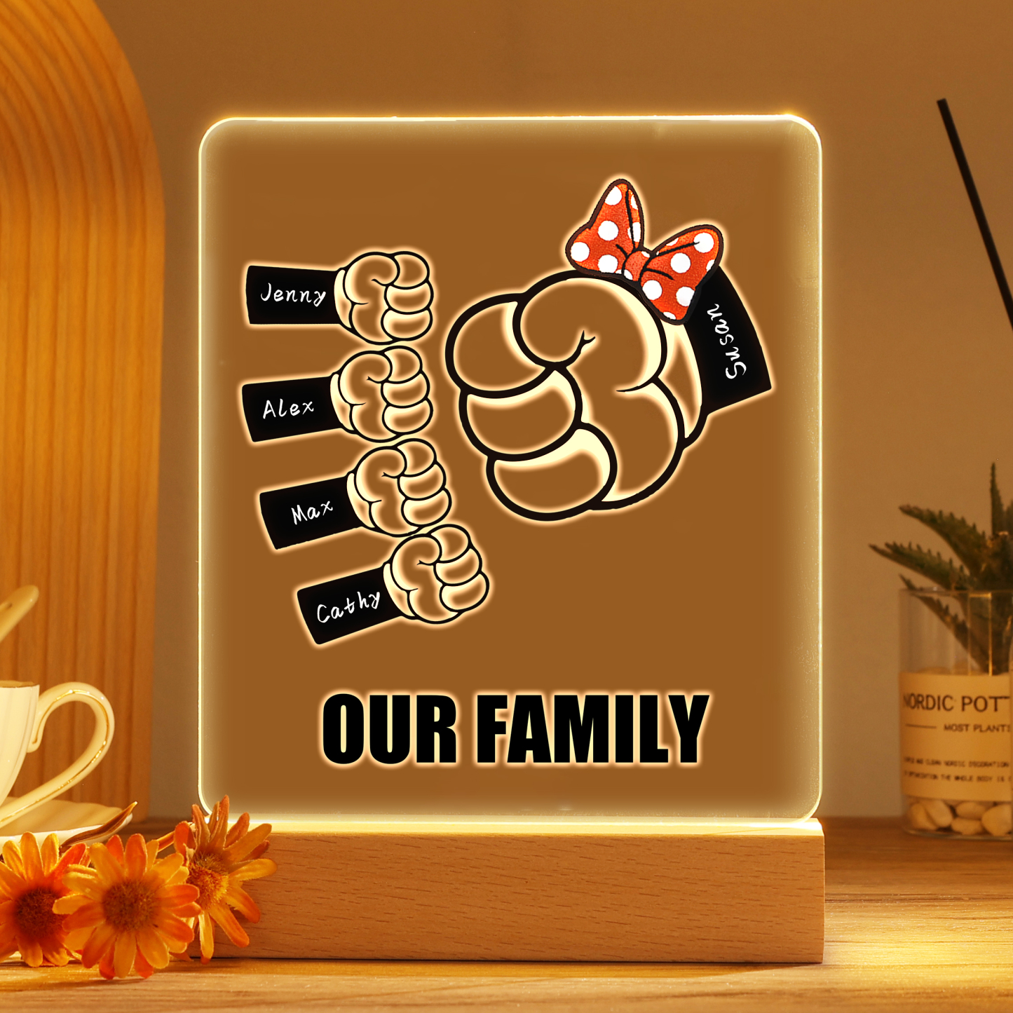5 Names - Personalised Acrylic Night Light Custom Names & Text Fist Bump LED Lamp Gifts for Family-Jessemade AU