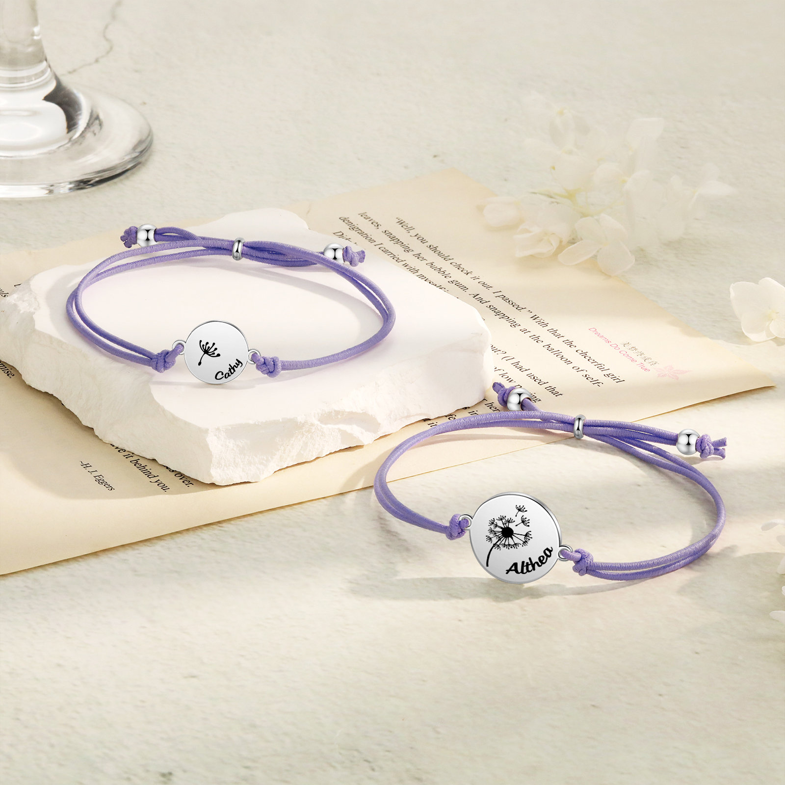 2 Pcs Dandelion Bracelet Set Custom 2 Names Adjustable Bracelets Back to School Gifts for Daughter-Jessemade AU