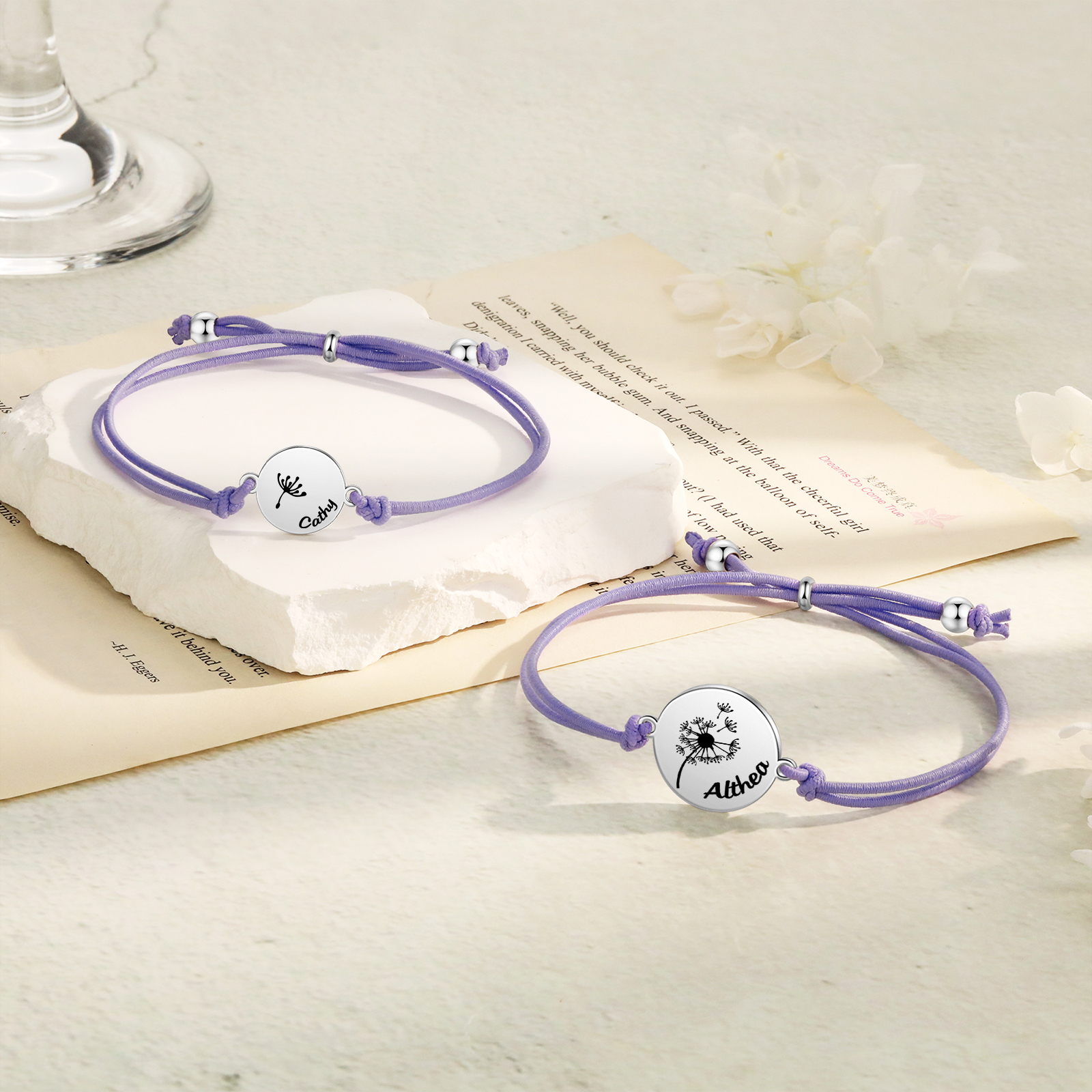 2 Pcs Dandelion Bracelet Set Custom 2 Names Adjustable Bracelets Back to School Gifts for Daughter-Jessemade AU