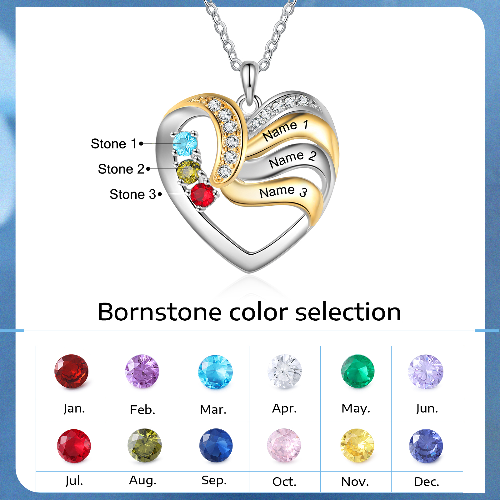Personalised Heart Necklace with 3 Birthstones Engrave Names Family Necklace for Mom-Jessemade AU
