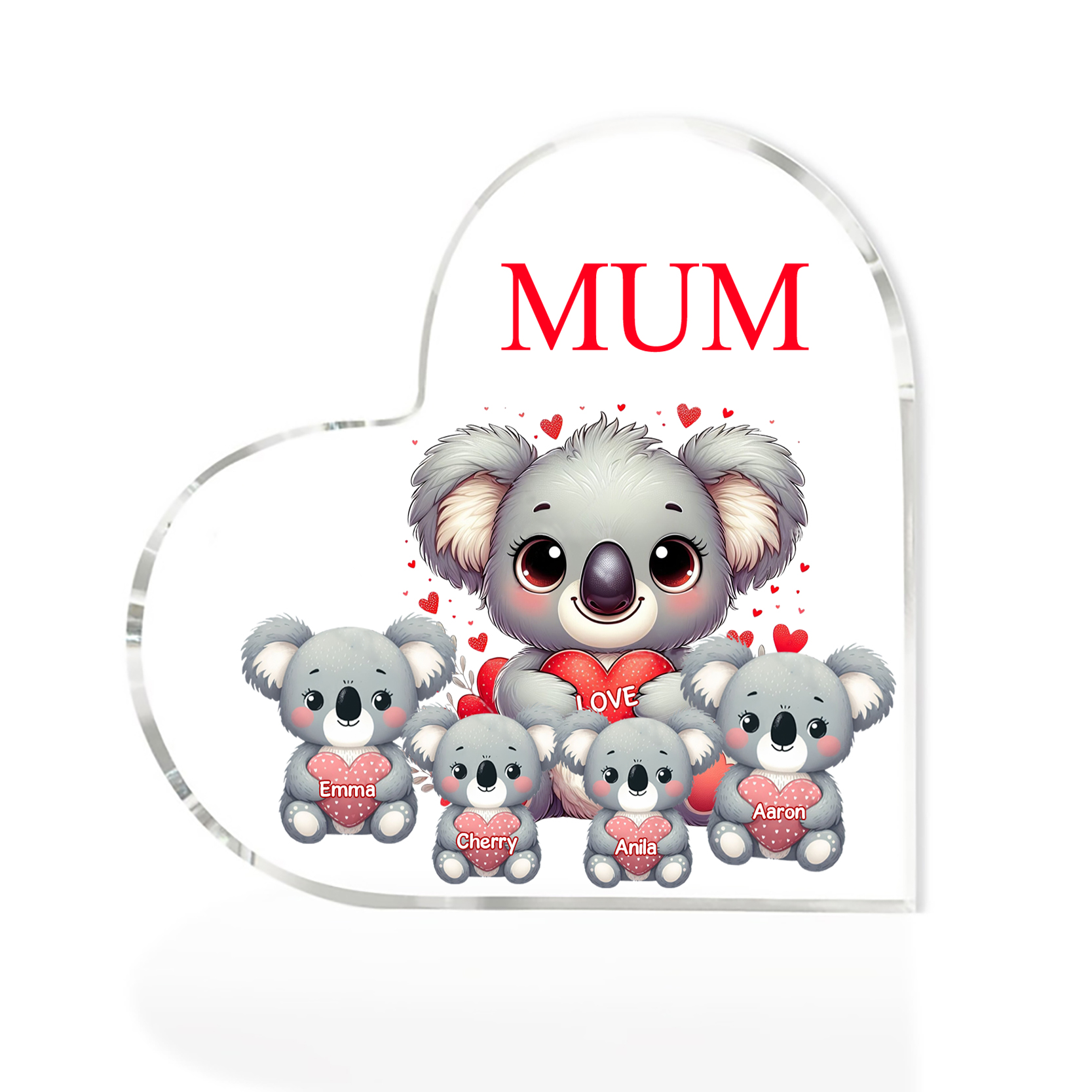 Personalised Acrylic Heart Keepsake Custom 1 Text & 4 Names Ornament Koala Family Gifts for Mother/Grandma-Jessemade AU