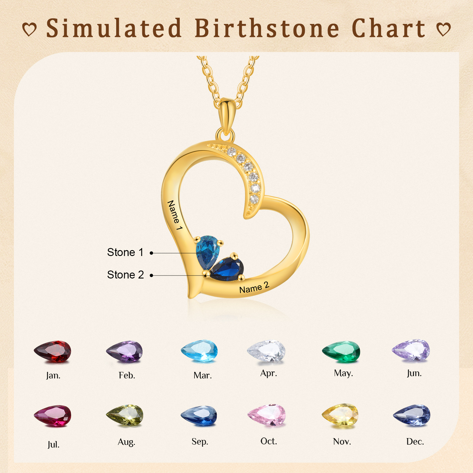 2 Names - Personalised Heart Pendant Necklace Customised Names & Birthstones Necklace Birthday Gift for Her-Jessemade AU