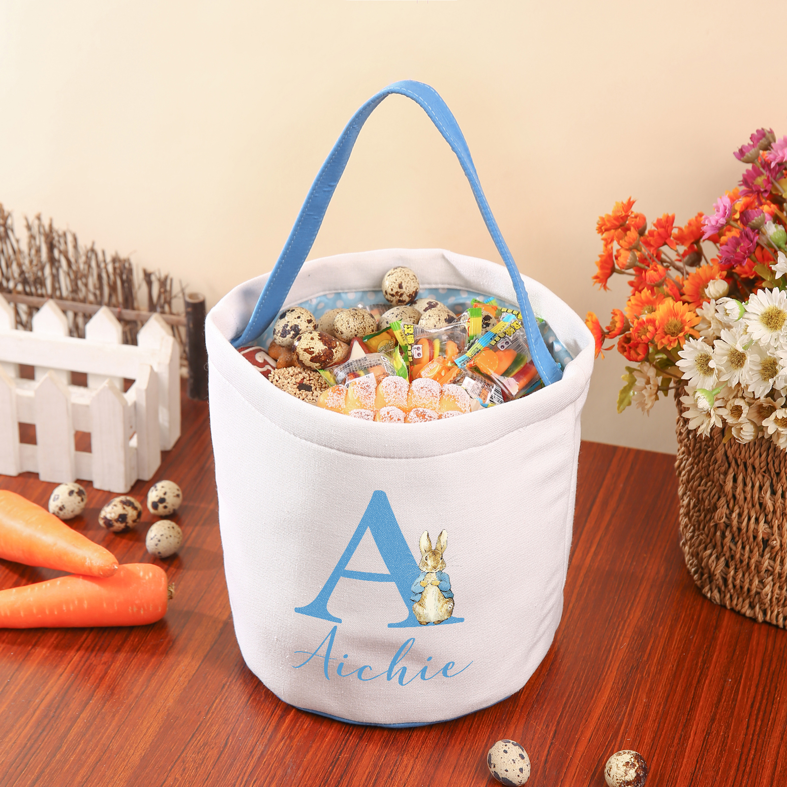 Easter Bunny Tote Bag Personalised Name & Letter Bucket Bag White Basket Gifts For Kids-Jessemade AU