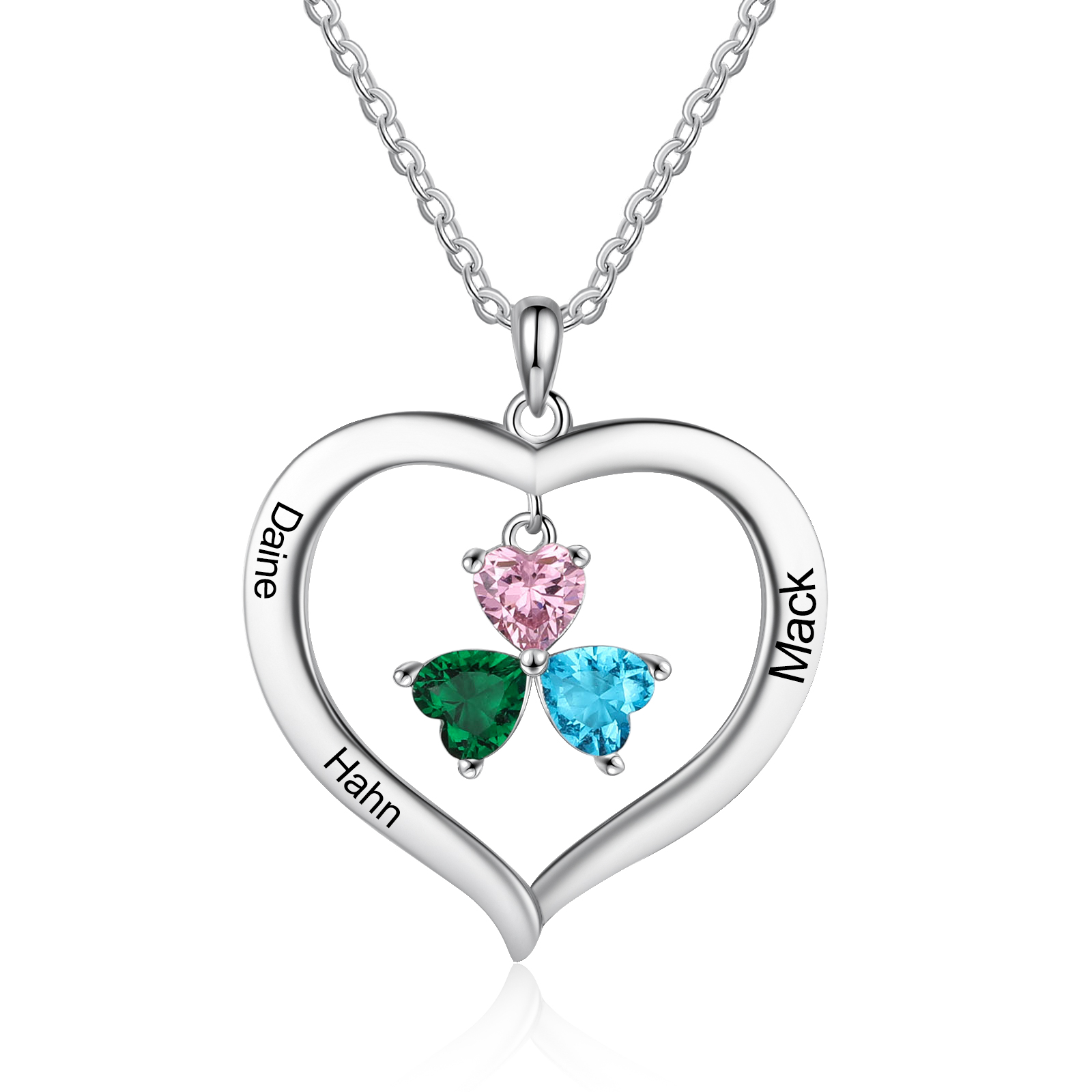 Personalised Heart Pendant Necklace with 3 Birthstones Engraved Names Family Necklace Gifts for Her-Jessemade AU