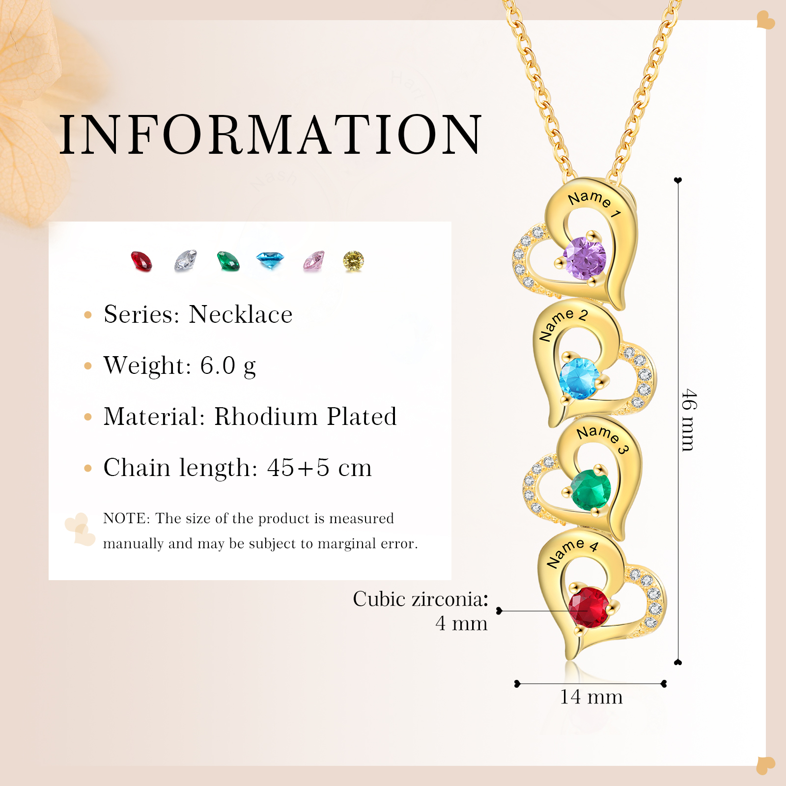 4 Names - Personalised Heart Pendant Necklace Custom Birthstones & Names Necklace Birthday Gift for Her-Jessemade AU