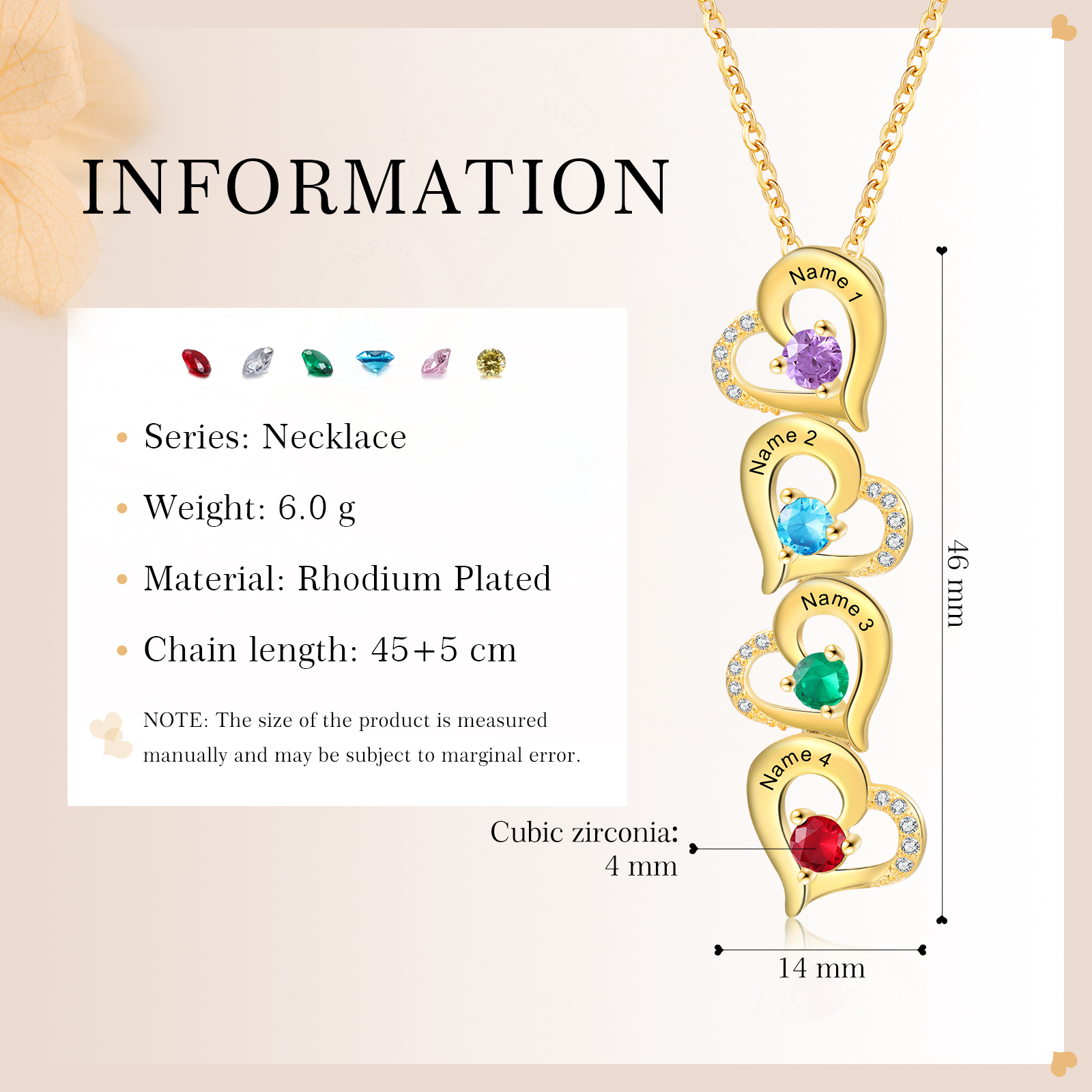 4 Names - Personalised Heart Pendant Necklace Custom Birthstones & Names Necklace Birthday Gift for Her-Jessemade AU