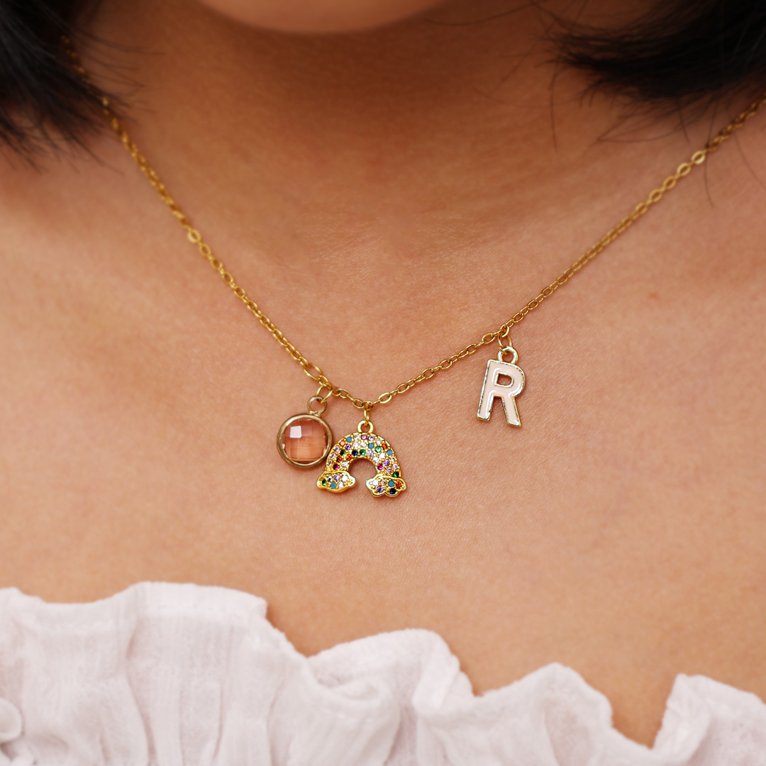 Personalised Rainbow Necklace Custom Birthstone and Initial Kid's Necklace-Jessemade AU