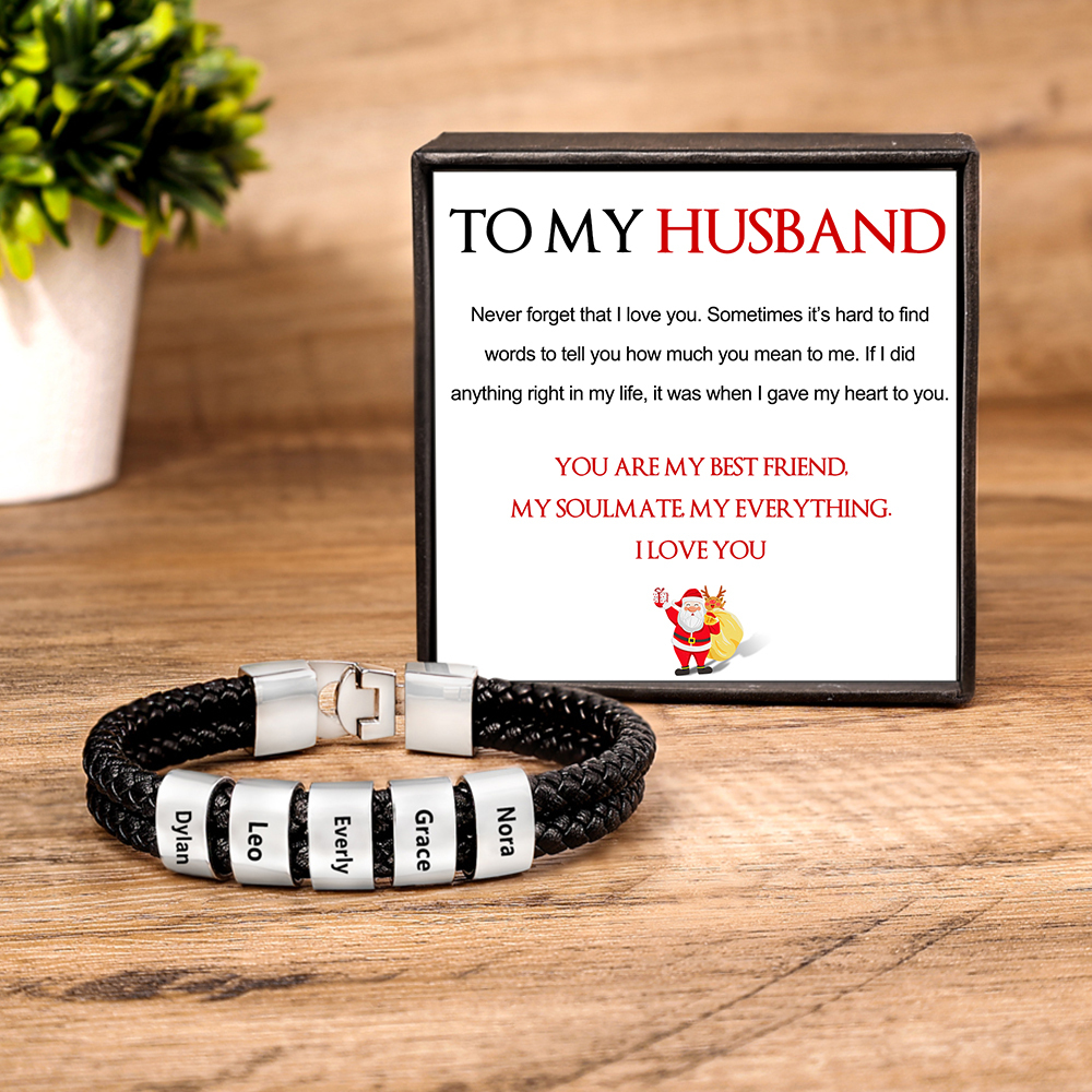 Personalised Braided Leather Bracelet Engraved 5 Names Men's Bracelet for Him-Jessemade AU