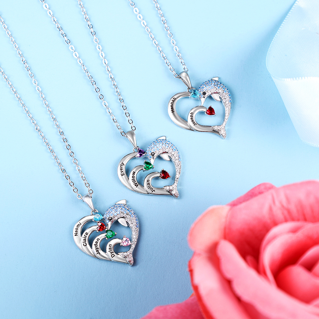 Personalised Heart Dolphin Necklace With 2 Birthstones Engraved Names Gift For Mum-Jessemade AU