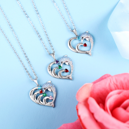 Personalised Heart Dolphin Necklace With 2 Birthstones Engraved Names Gift For Mum-Jessemade AU