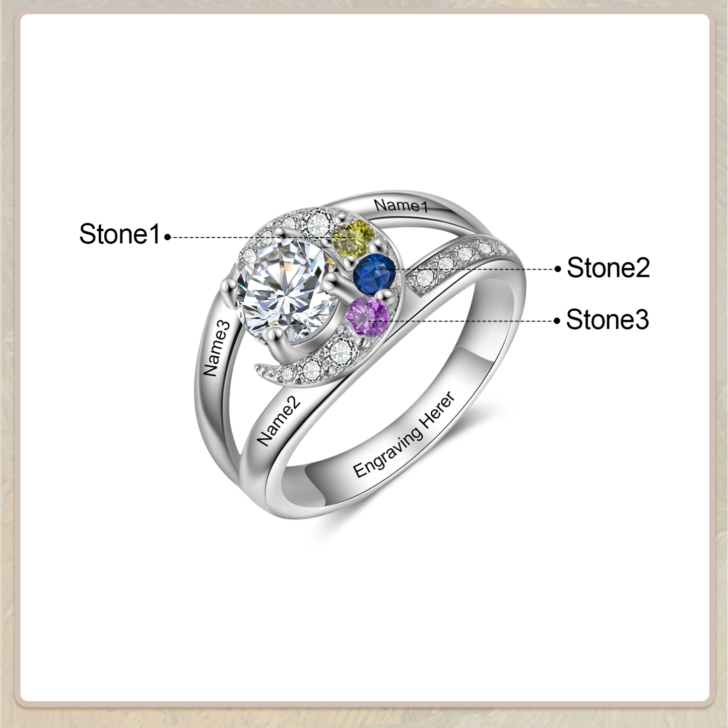 Personalised Moon Star Ring With 3 Birthstones Custom Names Best Gift For Women-Jessemade AU