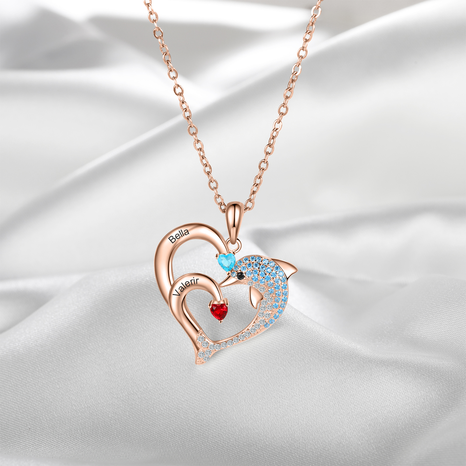 Personalised Heart Dolphin Necklace With 2 Birthstones Engraved Names Gift For Mum-Jessemade AU
