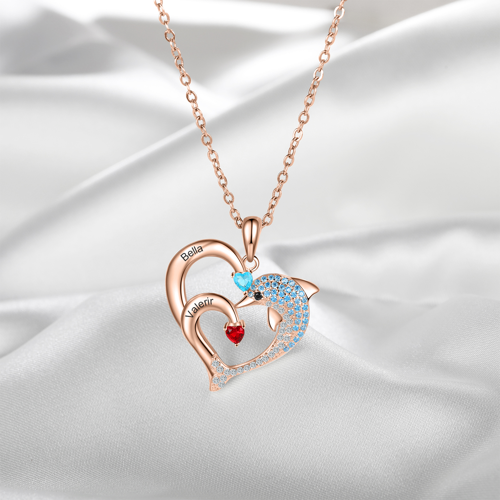 Personalised Heart Dolphin Necklace With 2 Birthstones Engraved Names Gift For Her-Jessemade AU