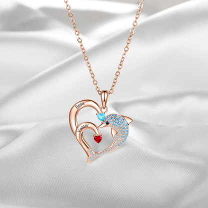 Personalised Heart Dolphin Necklace With 2 Birthstones Engraved Names Gift For Her-Jessemade AU
