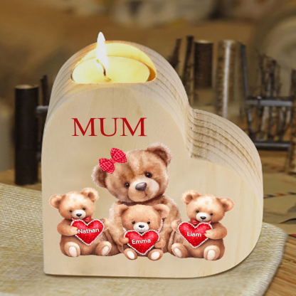 Personalised 3 Names & 1 Text Candle Holder Teddy Bear Wooden Candlestick Gifts for Grandma/Mother-Jessemade AU