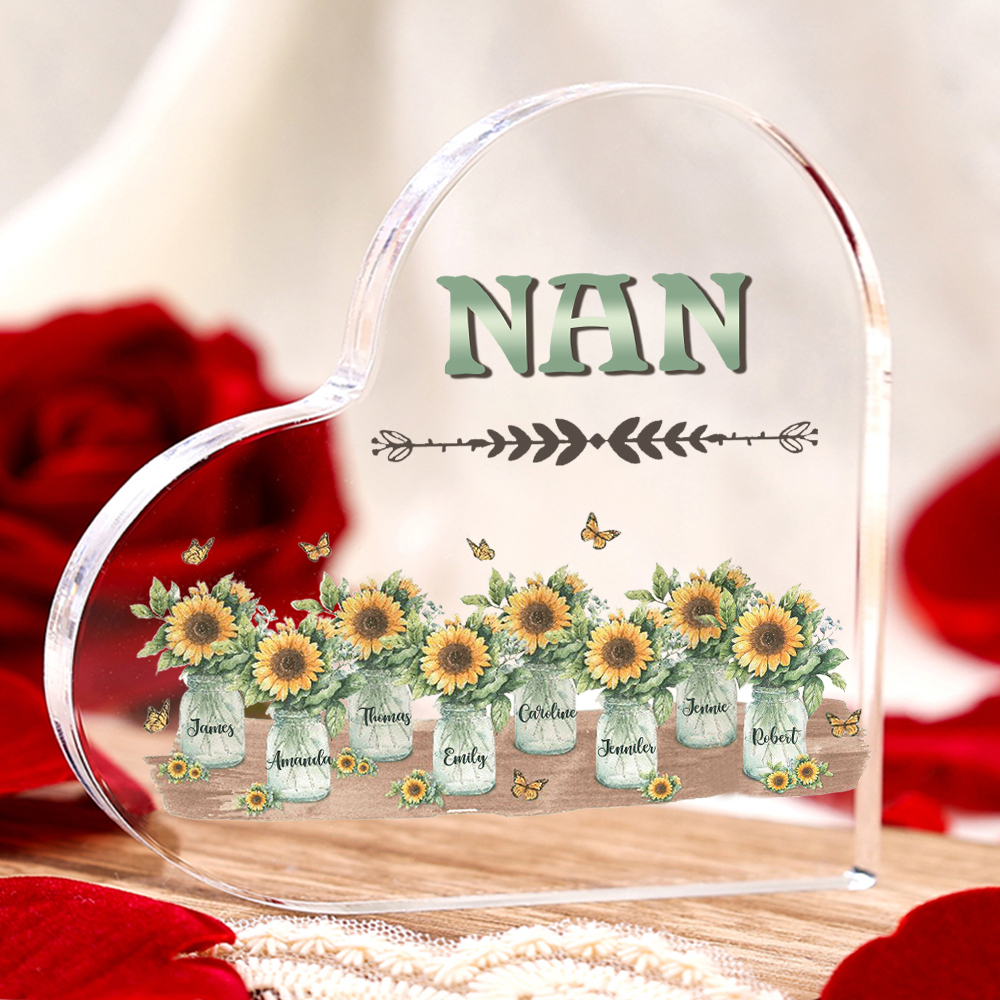 Personalised Acrylic Heart Keepsake Custom 8 Names & 1 Text Sunflower Vase Ornament Gifts for Mother/Grandma-Jessemade AU