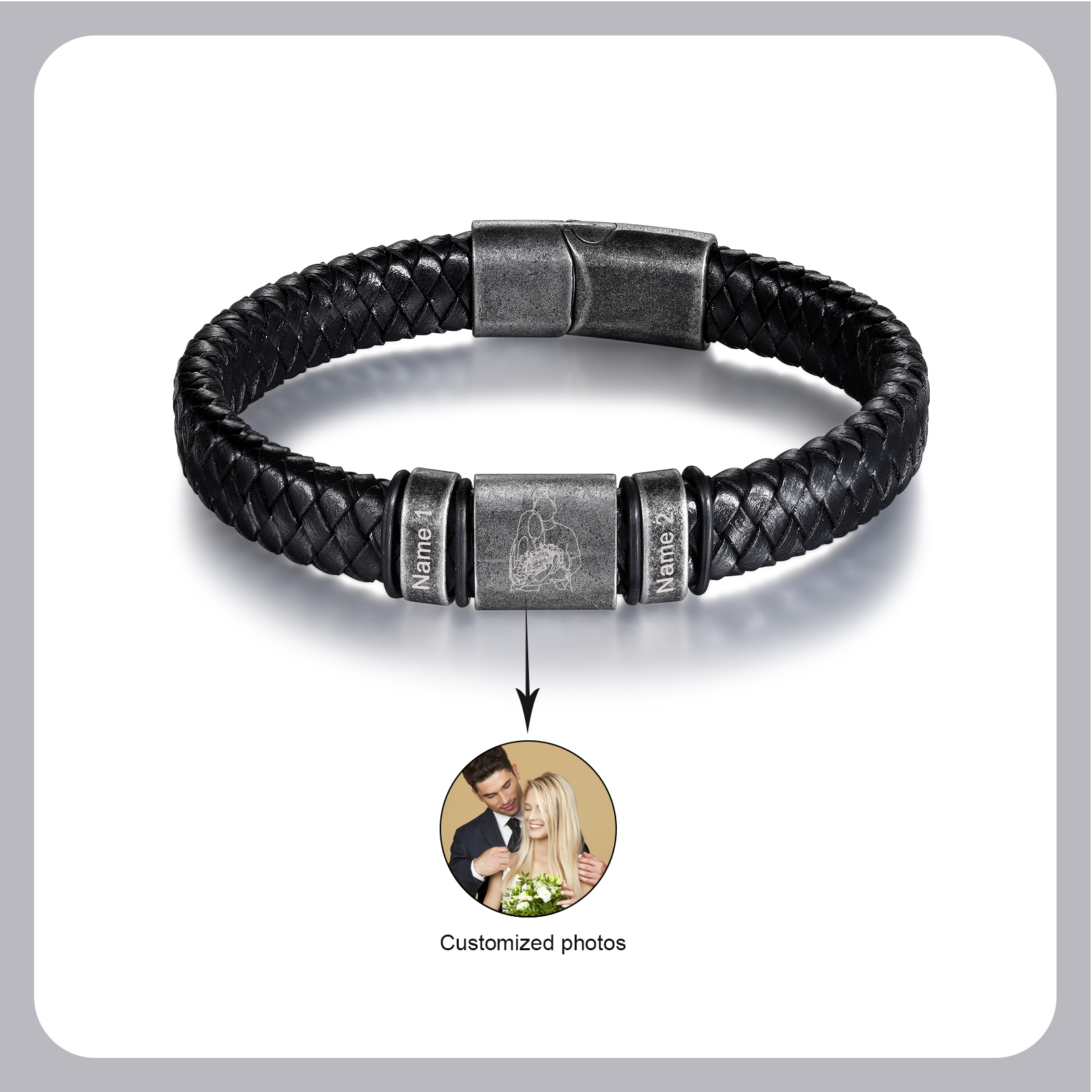 2 Names - Personalised Men's Leather Braided Bracelet Custom Name & Photo Bracelet Vintage Gift for Him-Jessemade AU
