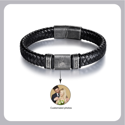2 Names - Personalised Men's Leather Braided Bracelet Custom Name & Photo Bracelet Vintage Gift for Him-Jessemade AU