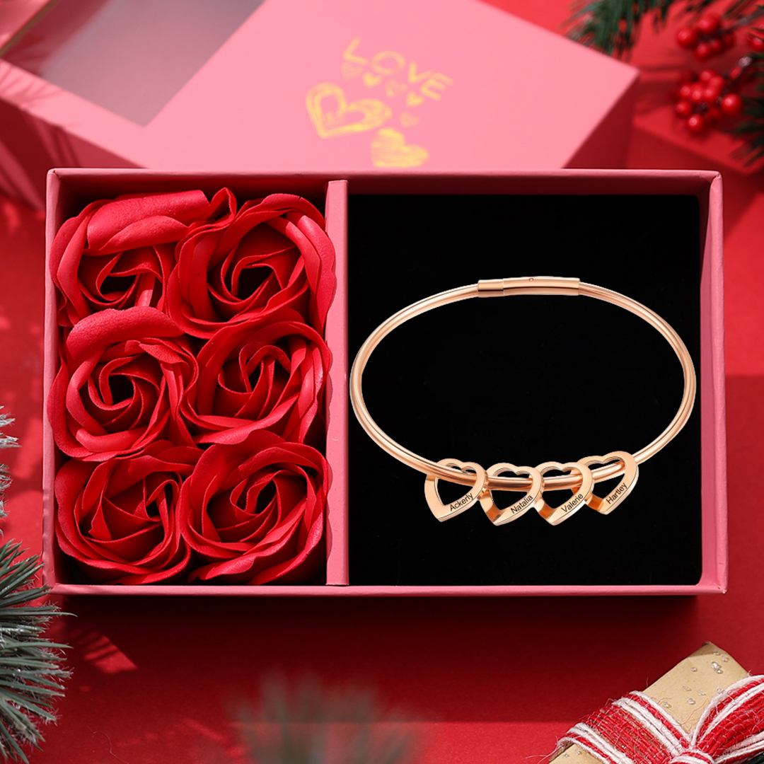 Personalised Love Bangle Bracelet with 4 Heart Charms Engraved 4 Names Bracelet for Her-Jessemade AU