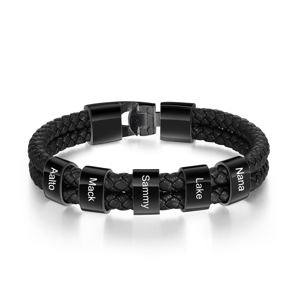Customised Braided Leather Bracelet Engraved 5 Names Men's Bracelet Gifts For Him