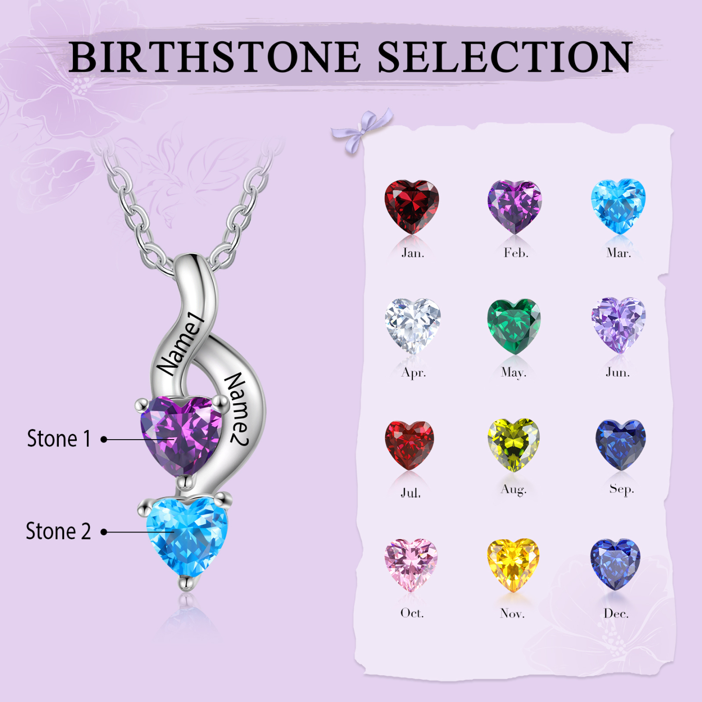 2 Names - Personalised Pendant Necklace Customised Names & Birthstones Necklace Birthday Gift for Women Girls-Jessemade AU