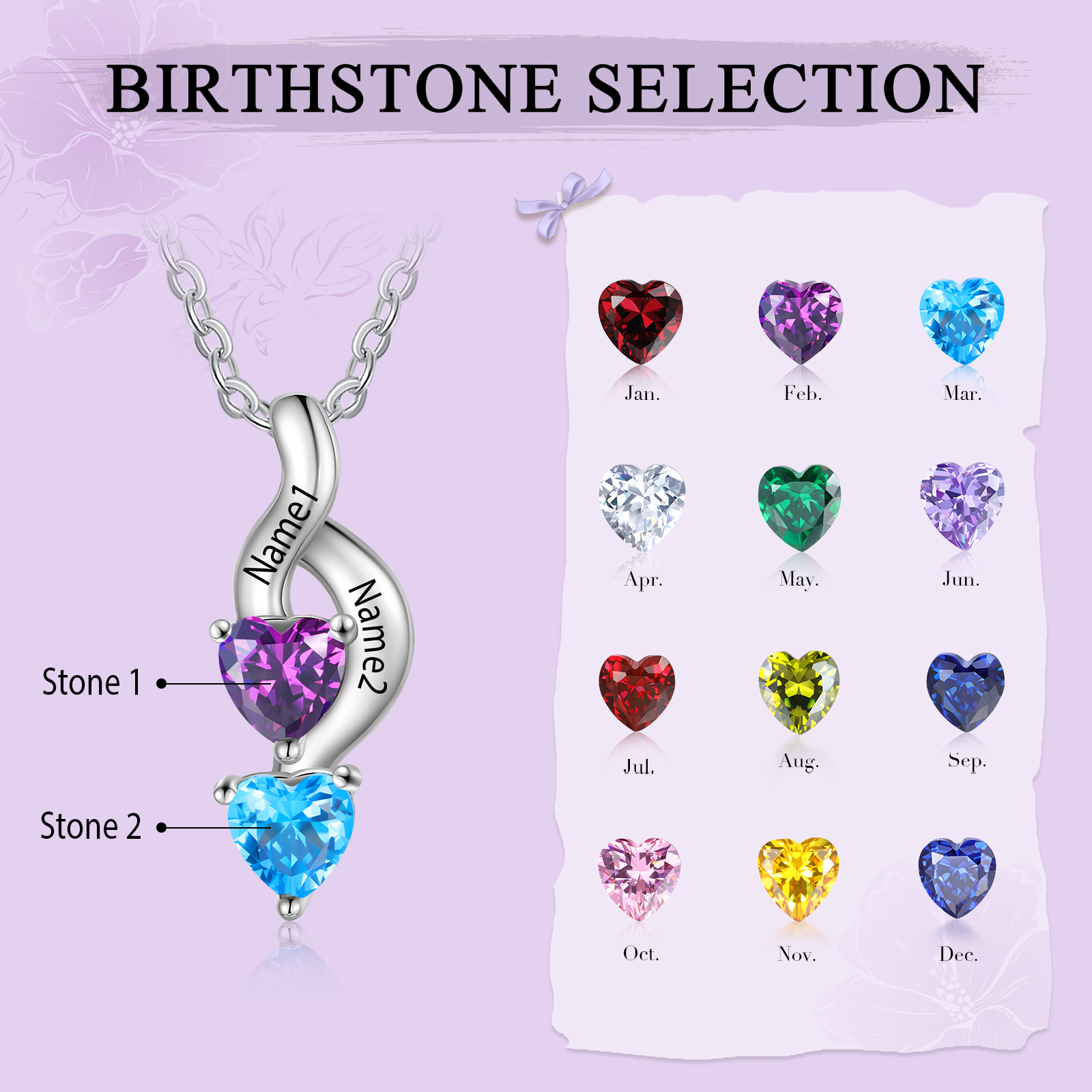 2 Names - Personalised Pendant Necklace Customised Names & Birthstones Necklace Birthday Gift for Women Girls-Jessemade AU