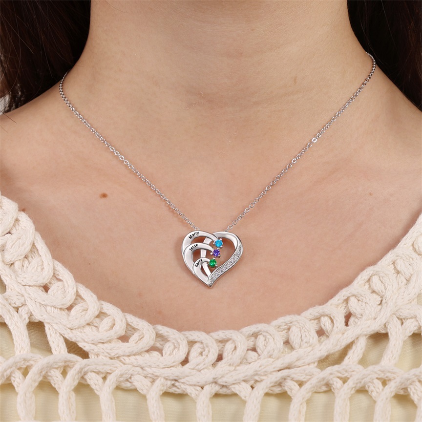 Personalised Mother Necklace Engraved 2 Names 2 Birthstone Intertwined Heart Pendant