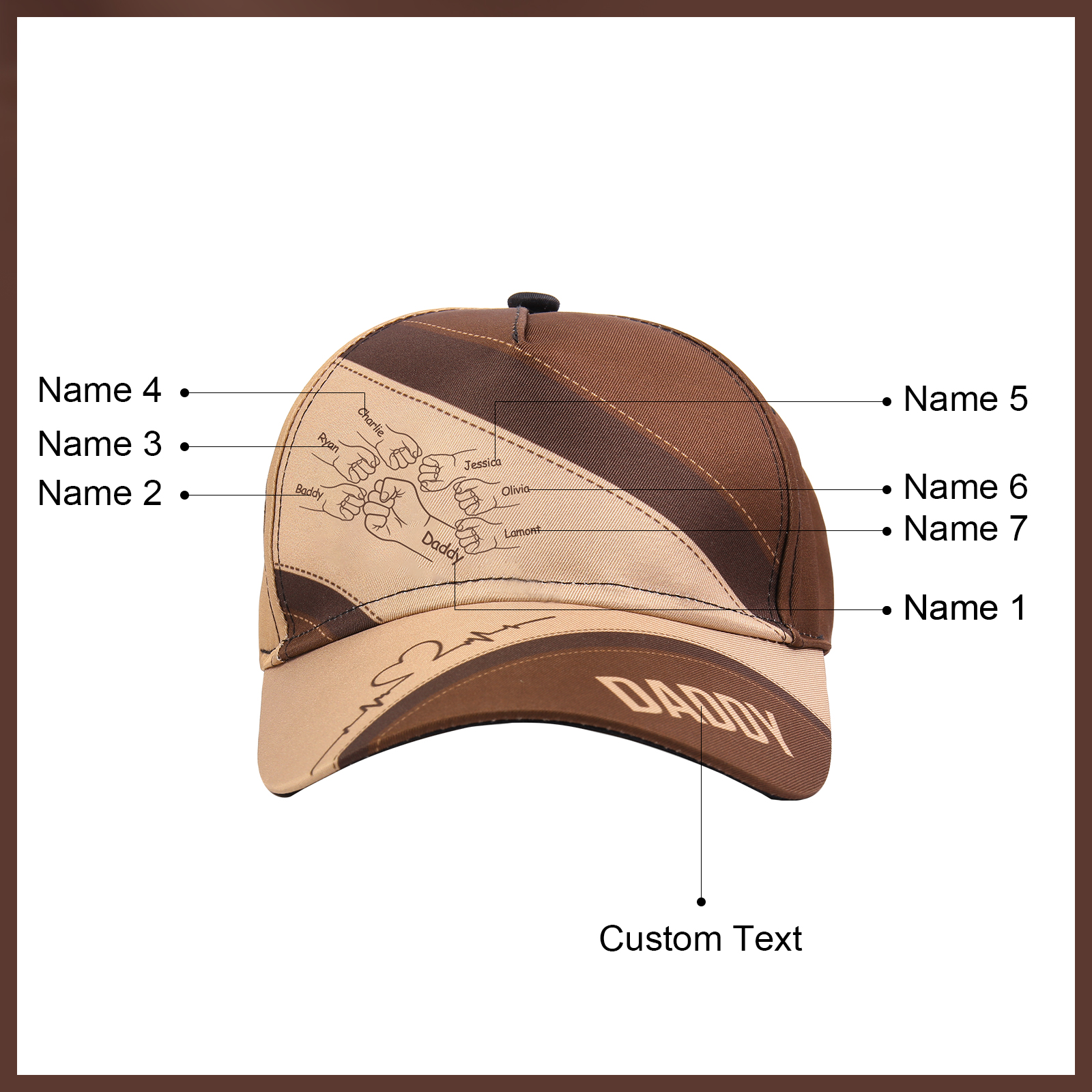 Personalised Fist Bump Classical Baseball Cap Custom 7 Names & 1 Text Snapback Adjustable Gift for Dad/Grandpa/Husband-Jessemade AU