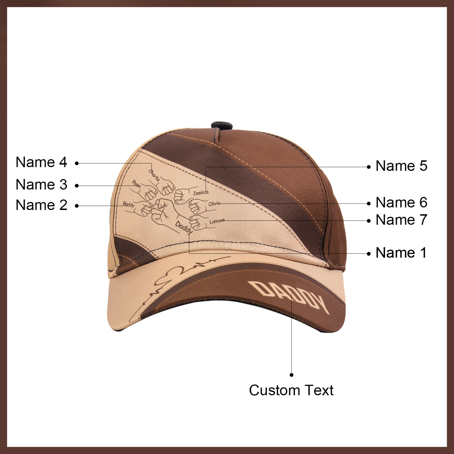 Personalised Fist Bump Classical Baseball Cap Custom 7 Names & 1 Text Snapback Adjustable Gift for Dad/Grandpa/Husband-Jessemade AU