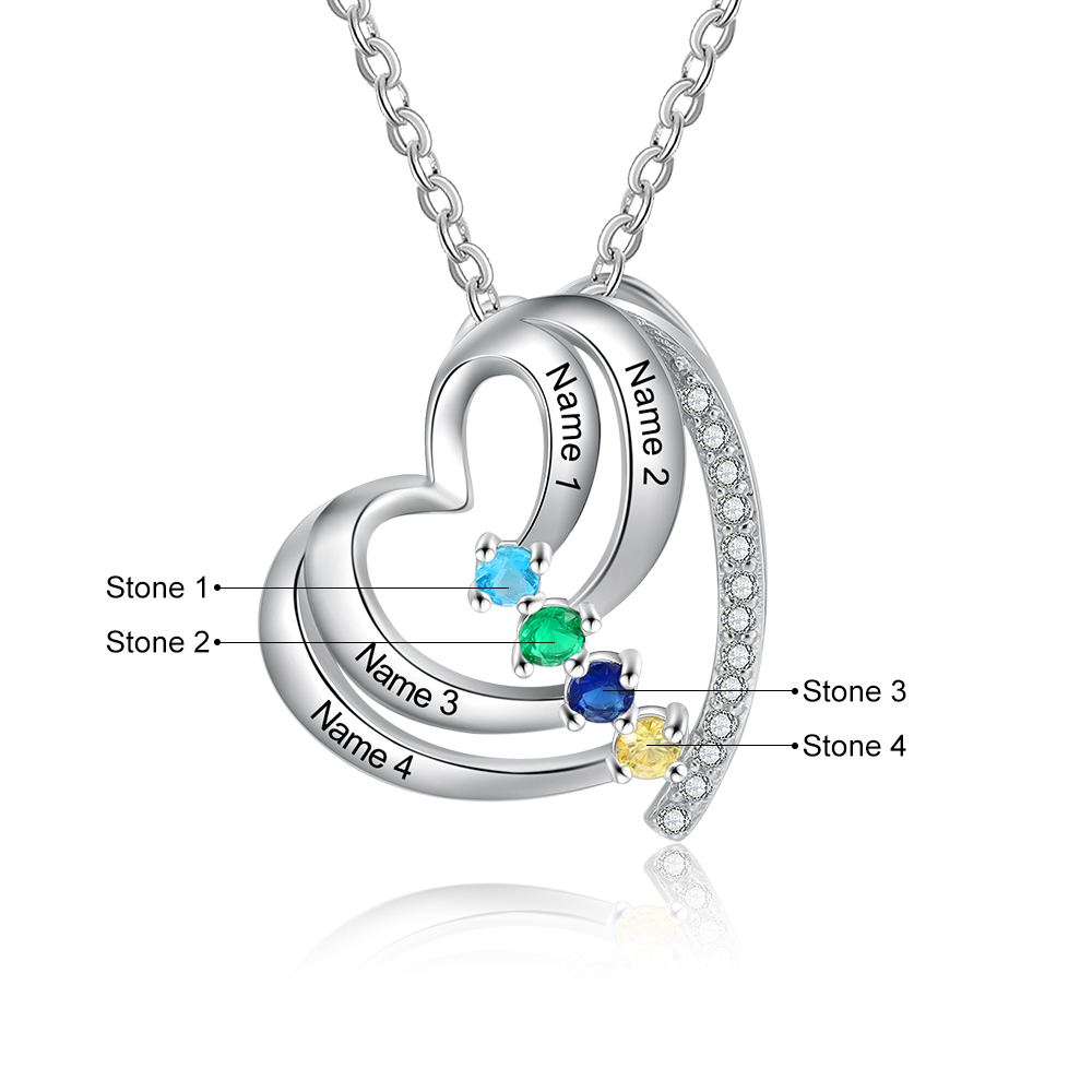 Personalised Family Heart Necklace With 4 Birthstones Engraved Names Gift For Her-Jessemade AU