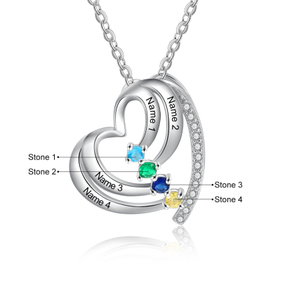 Personalised Family Heart Necklace With 4 Birthstones Engraved Names Gift For Her-Jessemade AU