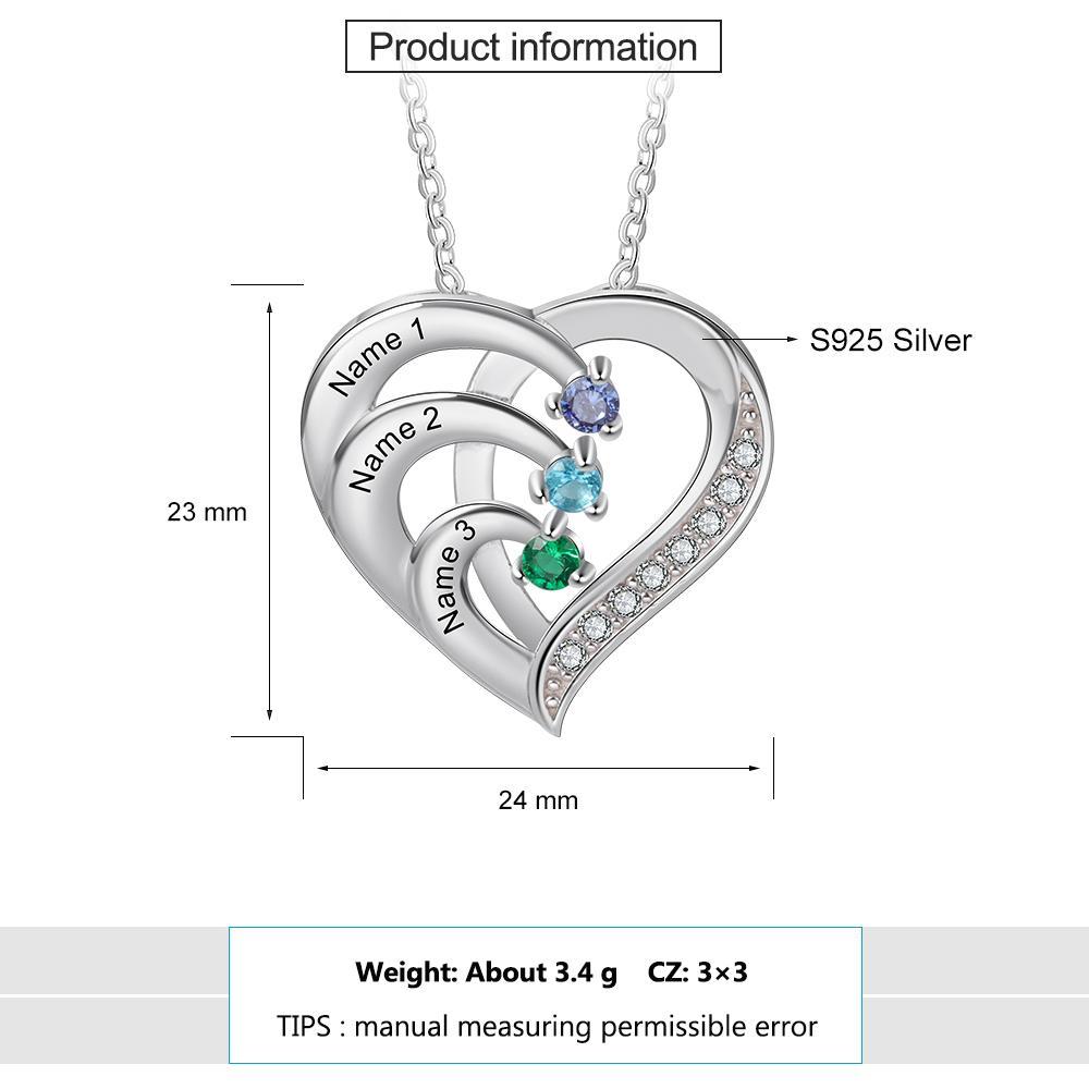 Personalised Mother Necklace Engraved 3 Names 3 Birthstone Intertwined Heart Pendant