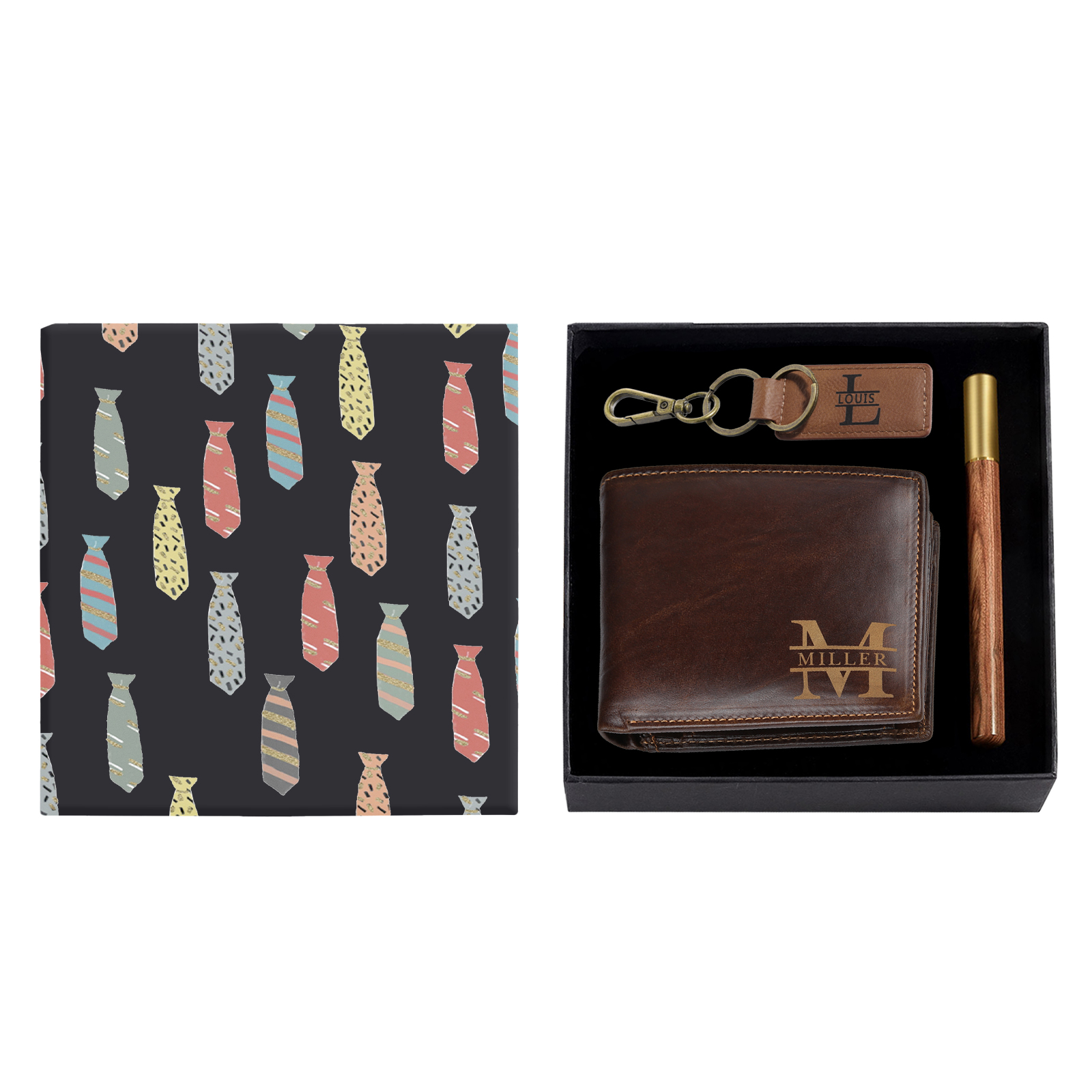 Personalised 2 Texts & 2 Names & 2 Letters Gift Set Custom Wallet & Keychain & Pen Gift Box Set Gift for Him-Jessemade AU