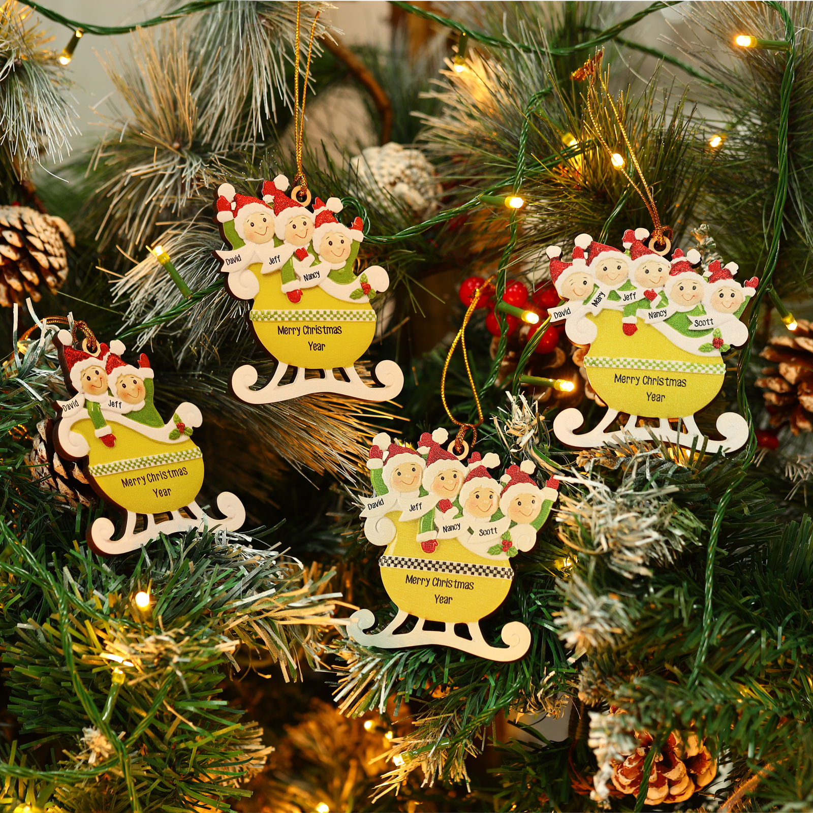 2 Names - Personalised Yellow Sleigh Family Christmas Ornament Customised Name & Text Wooden Hanging Ornaments Christmas Gift for Family-Jessemade AU