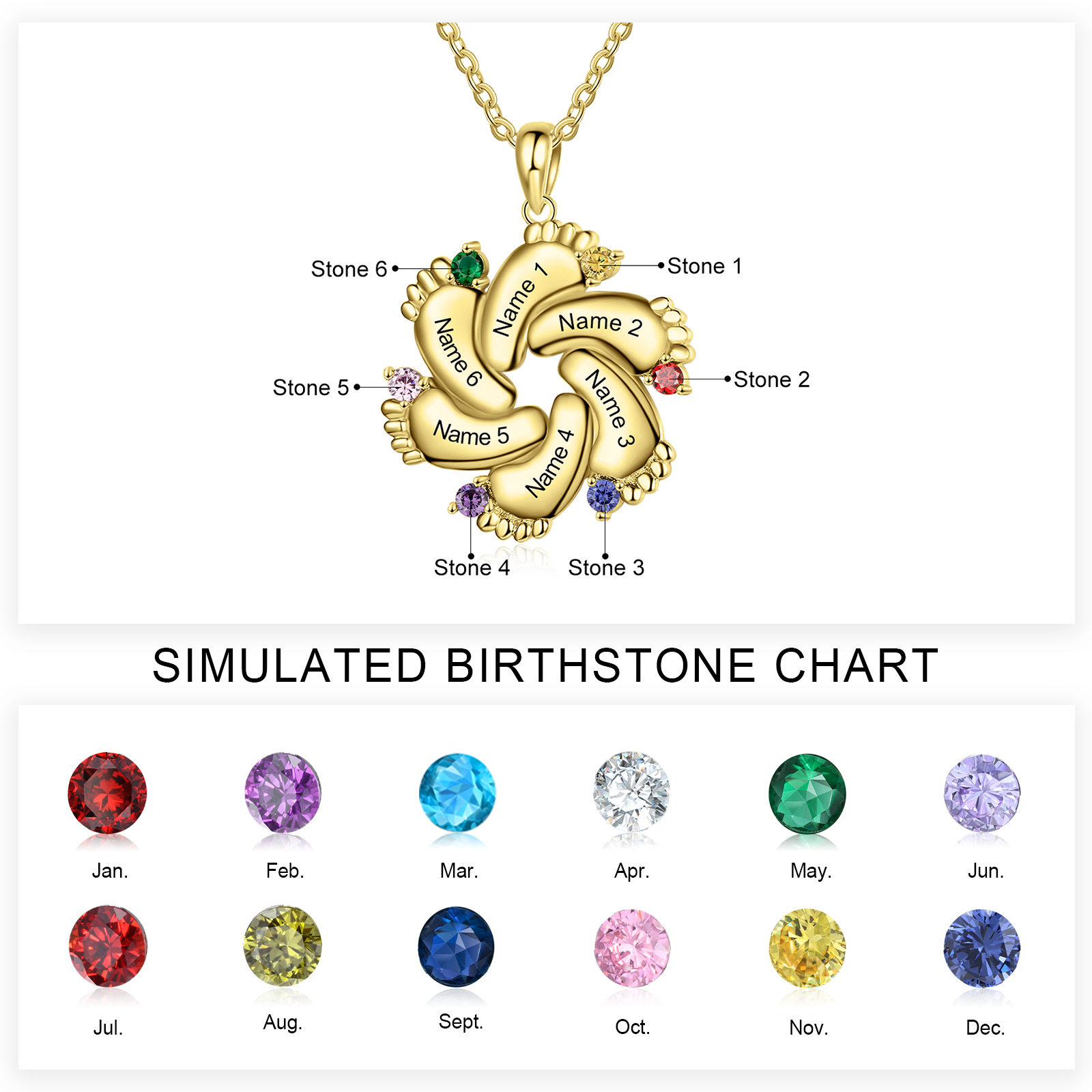 Personalised Baby Feet Necklace With 6 Birthstones Engraved Names Gift For Mother-Jessemade AU