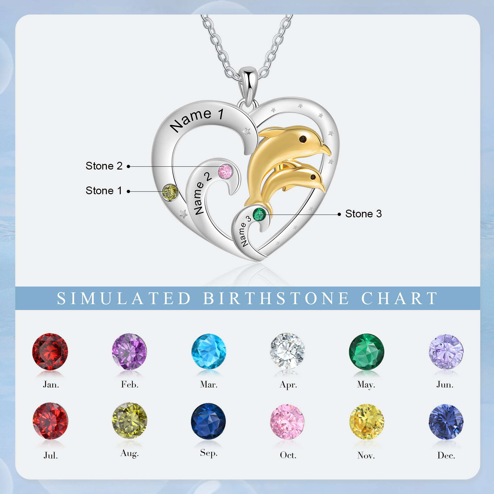 Personalised Heart Dolphin Pendant Necklace Custom 3 Birthstones Engraved 3 Names Necklace Gift for Her-Jessemade AU