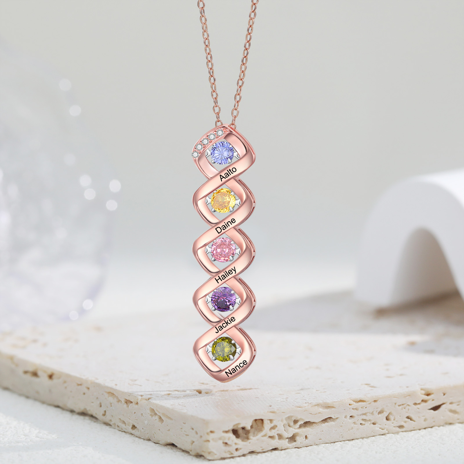 Custom Family Necklace with 5 Birthstones Engraving Names Dancing Stone Necklace-Jessemade AU