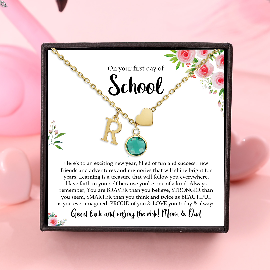 Back To School Personalised Heart Necklace Custom Birthstone and Initial Necklace-Jessemade AU